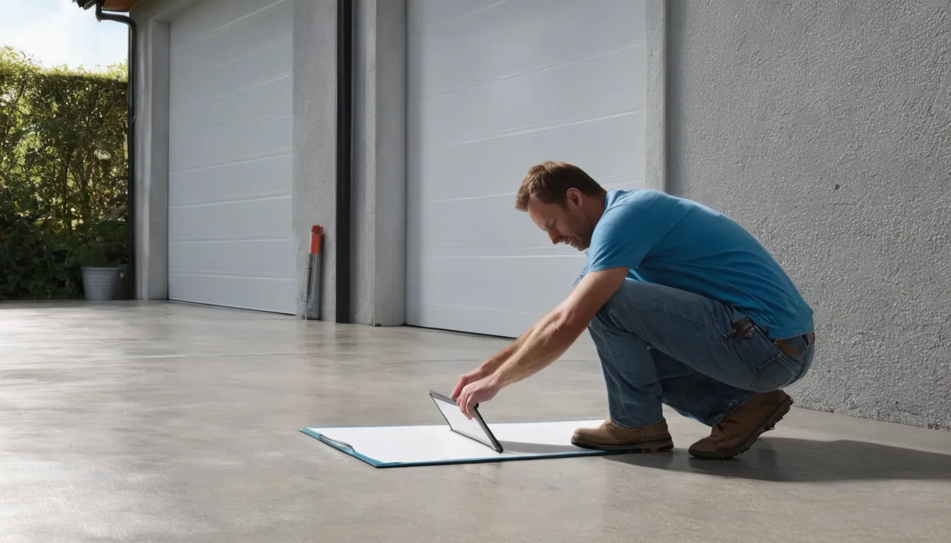 A provider checking a concrete garage floor for cracks in the Rockville area